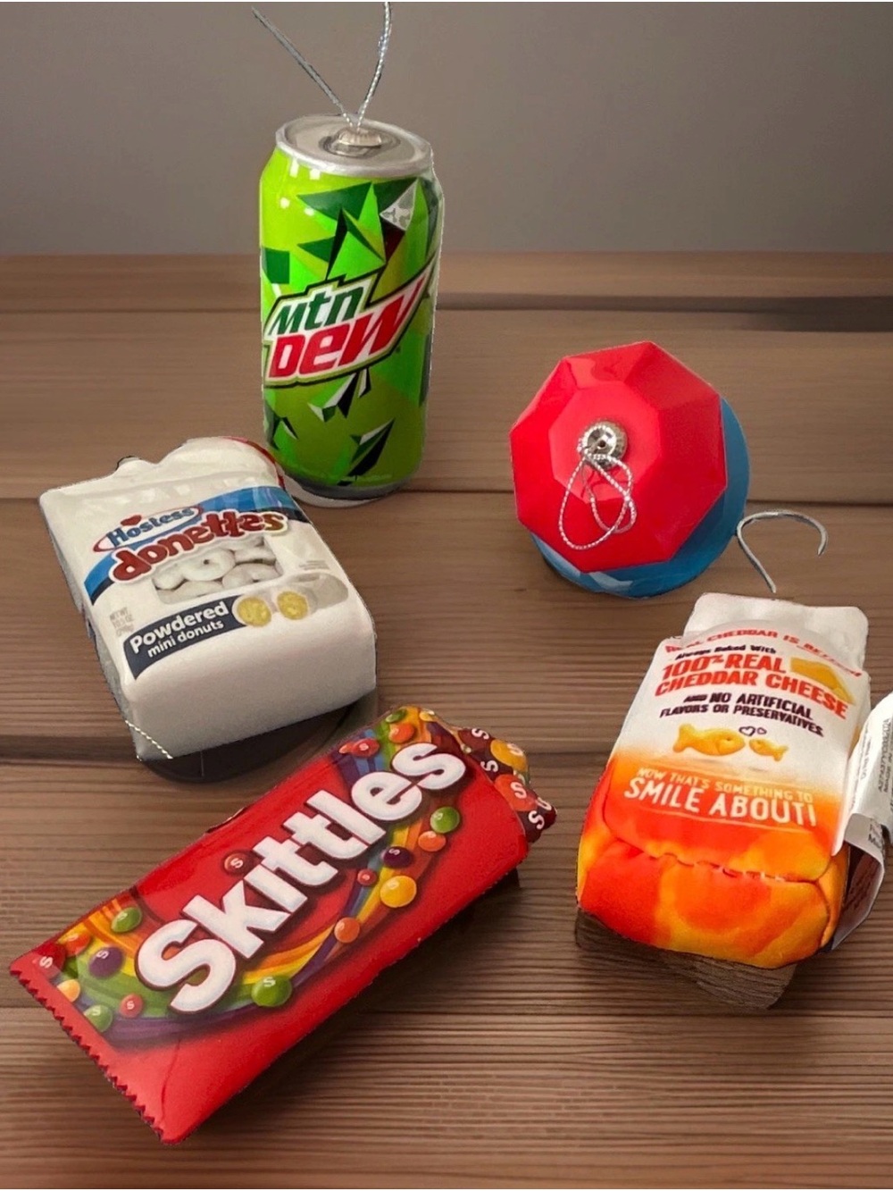 Lot 5 Snack Ornaments Mountain Dew Skittles Hostess Donettes Ring Pop Goldfish